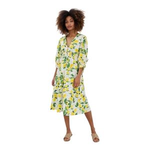 Neon Rose NWT Midi Tea Dress Large in Lemon Print 100% Breathable Cotton